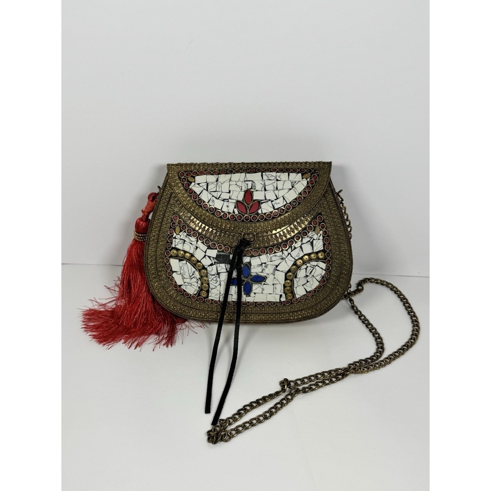 Sam Edelman Metal Brass Tone Mosaic Crossbody Purse Luxe Statement Going Out
